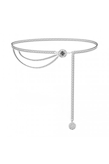 LEACOOLKEY Ceinture fine en cuir synthétique pour femme - Avec chaînes métalliques - Doré, D-noir + argent, 83cm-93cm Bundwei