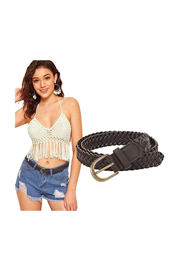 JasGood Ceinture tressée fine en cuir synthétique pour pantalon en jean pour femme, Café 3, Länge:100cm