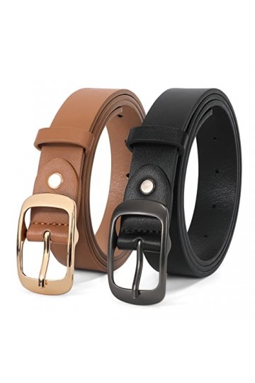 LEACOOLKEY Lot de 2 ceintures en cuir pour femme avec boucle dorée pour jeans, B-noir+marron, XS Fit Taille Größe 66cm-76cm