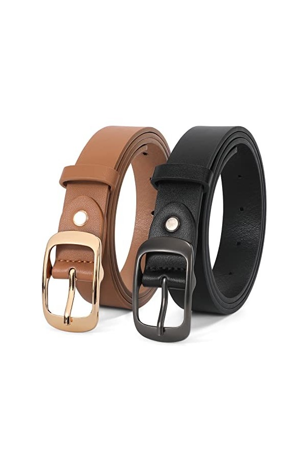 LEACOOLKEY Lot de 2 ceintures en cuir pour femme avec boucle dorée pour jeans, B-noir+marron, XS Fit Taille Größe 66cm-76cm