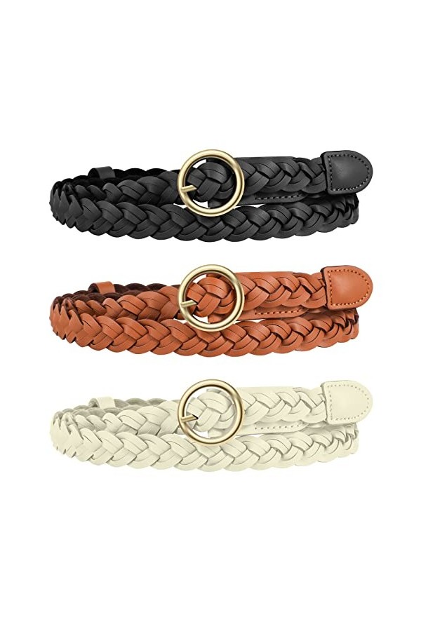 WERFORU Lot de 3 ceintures tressées fines en cuir PU pour femme, A-noir+marron+beige, für Taillenumfang unter 100 cm
