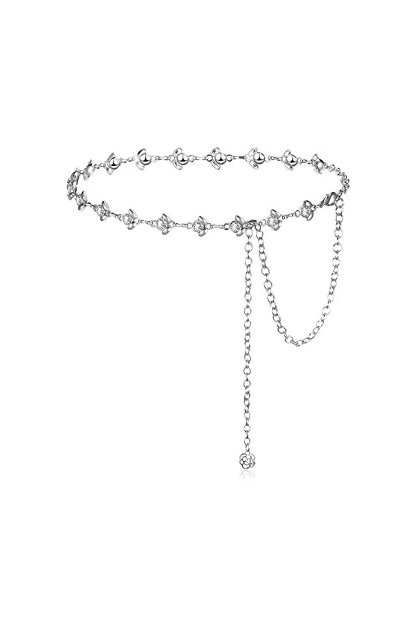 Bencailor Ceinture de Chaîne pour Femme Ceinture en Cristal Strass Ceinture de Bijoux pour Robe Ventre Corps Jeans Argent, 1