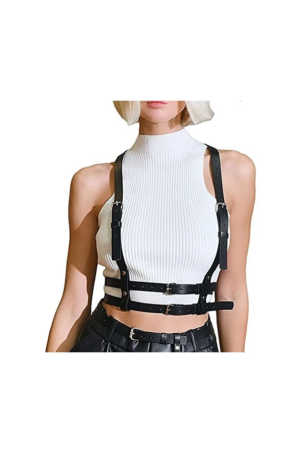 Punk Taille Harnais Ceinture en Cuir pour Femme Goth Gilet Réglables Corps Poitrine Chaîne Noir Mode Bijoux de Corps pour Dan