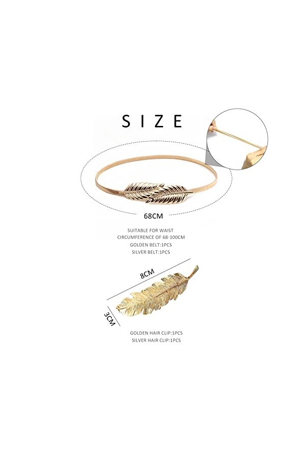 Lot de 2 ceintures élastiques en forme de feuille&nbsp;. avec 2&nbsp;épingles à cheveux, ceinture en métal, ceinture de robe, accessoir