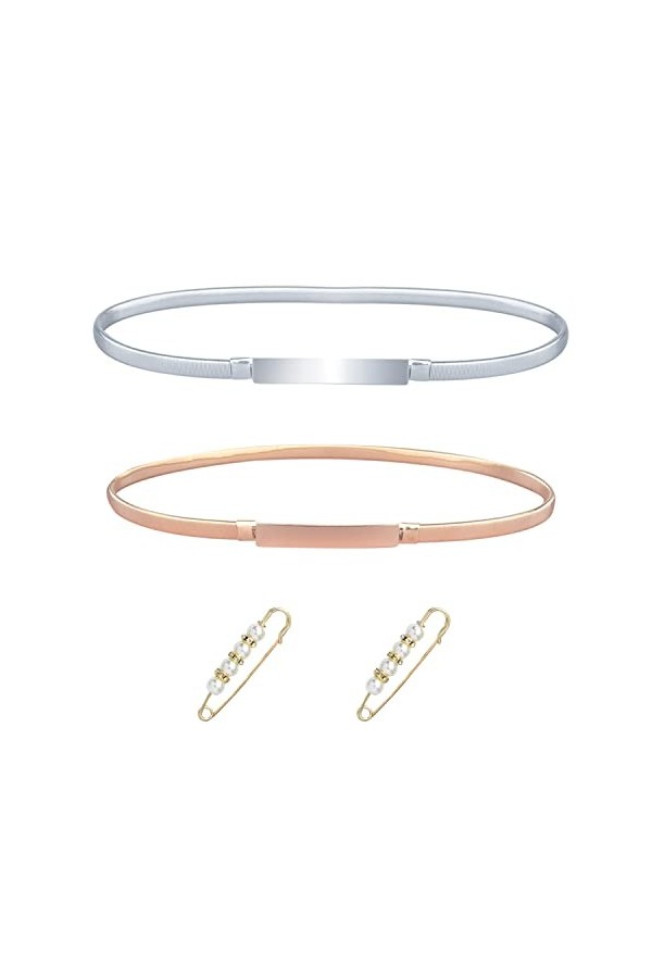 2 ceintures en métal, argent doré robe chaîne de pantalon chaîne de taille élastique, ceinture fine décorative simple et poly