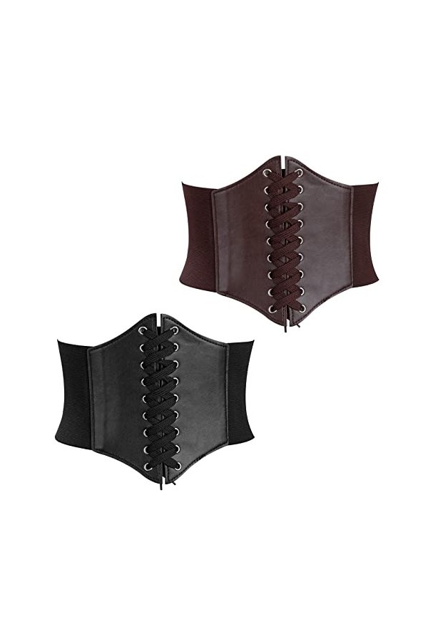 Berkelen Ceinture Corset pour Femme 2 Pièces Élastique Ceinture Large de 12 cm Rétro Cuir Corset à Lacets Ceinture pour les F