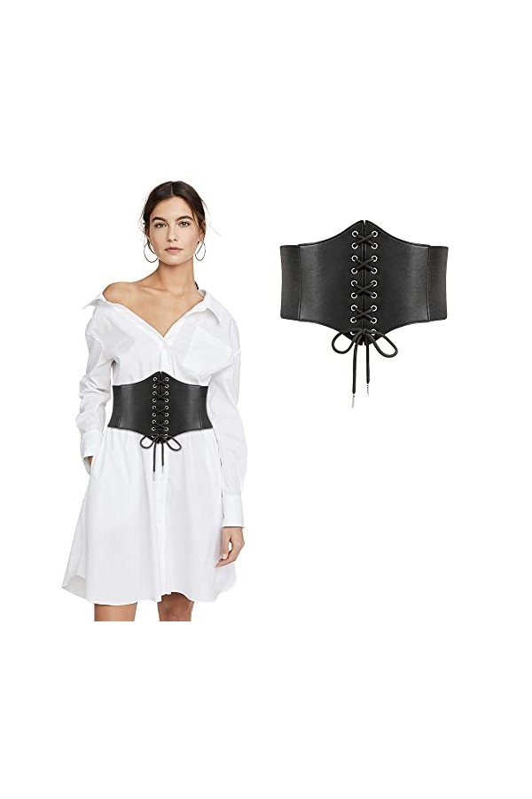 RUGUOA 12 cm Grosse Ceintures Elastique Ceinture Corset à Lacets Femme en Cuir Ceinture Taille Haute Ceinture Large Femme pou