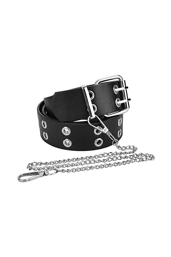 DECARETA Ceinture Punk Rivet en PU avec Chaîne Ceinture Homme Femme Double Trou 110 cm Ceinture à Oeillets pour Pantalons Vêt