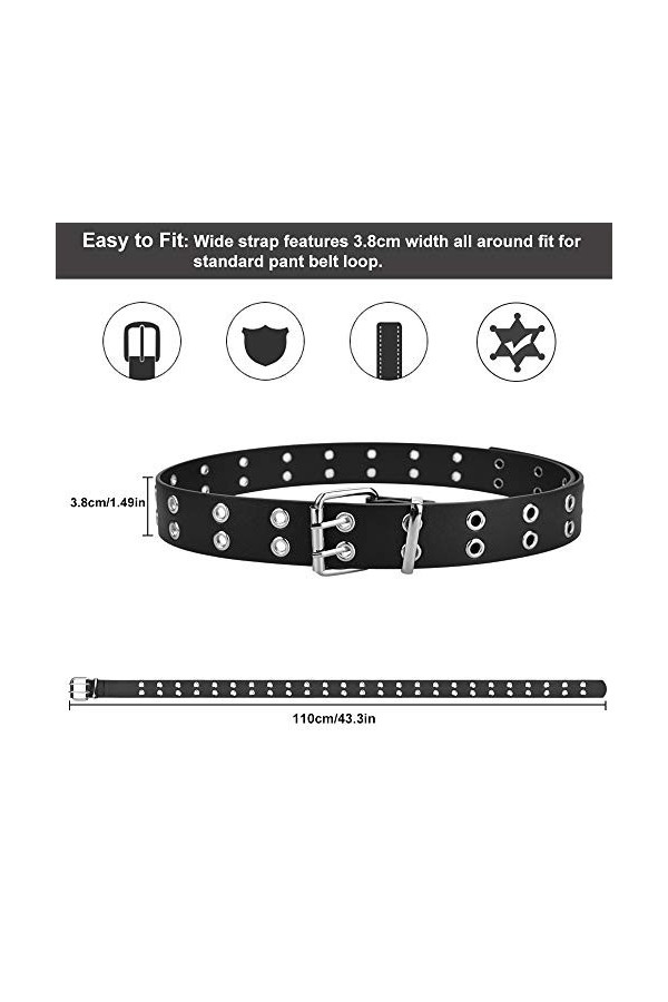 DECARETA Ceinture Punk Rivet en PU avec Chaîne Ceinture Homme Femme Double Trou 110 cm Ceinture à Oeillets pour Pantalons Vêt