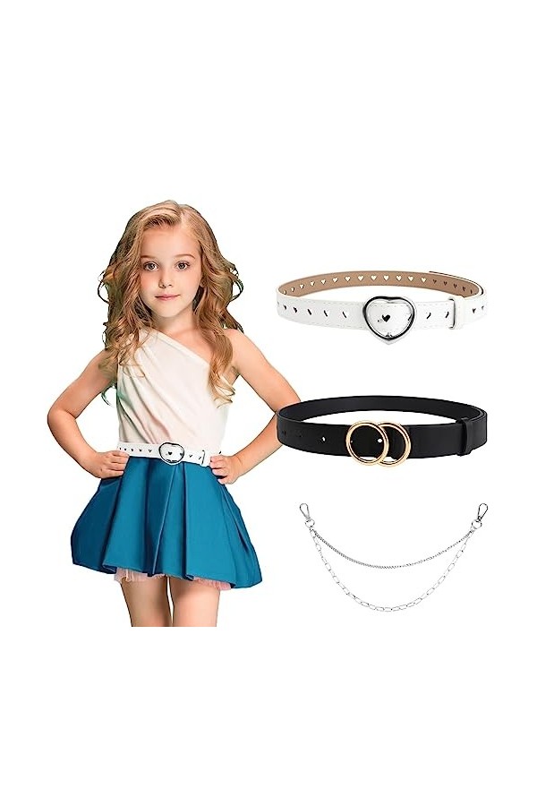 Yuehuabao Ceinture Enfant, 2Pcs Ceinture en Cuir avec 1 Chaîne de Pantalon, Ceinture avec Boucle en Forme de Joint Torique et