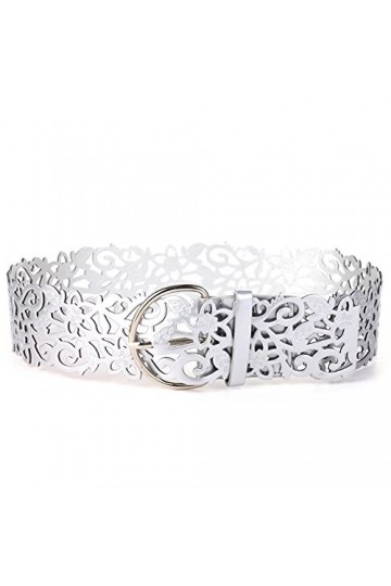 Qinlee Ceinture large pour femme avec Ceinture Creux Fine Réglable Boucle en Métal Sangle en Cuir Ajouré-Couleur Argent