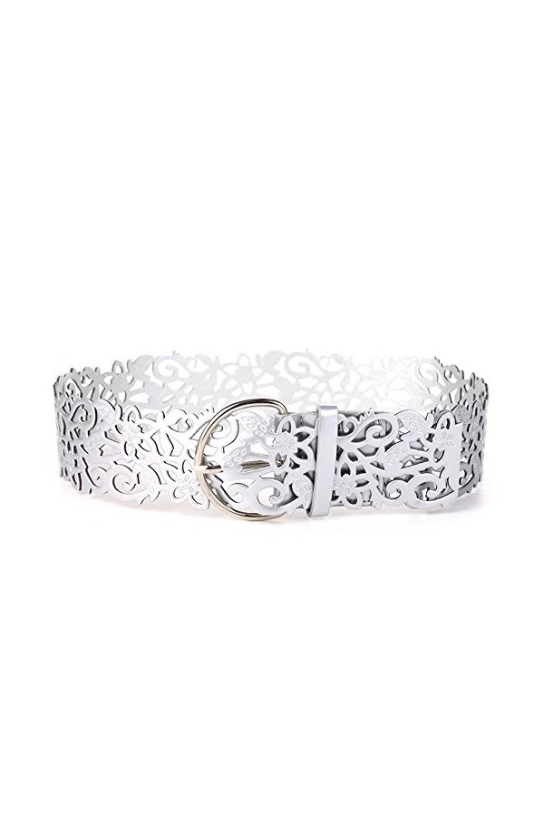Qinlee Ceinture large pour femme avec Ceinture Creux Fine Réglable Boucle en Métal Sangle en Cuir Ajouré-Couleur Argent