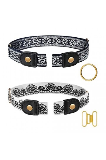 Lahviuu Ceintures Sans Boucle,2 Pièces Invisible Elastique Extensible Ceinture Cuir Sans pour Femme Homme Jeans,Impression,Bo