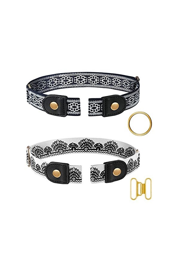 Lahviuu Ceintures Sans Boucle,2 Pièces Invisible Elastique Extensible Ceinture Cuir Sans pour Femme Homme Jeans,Impression,Bo