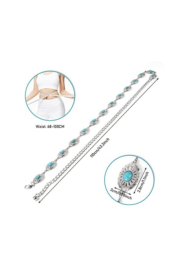 TYEQWT Ceinture en chaîne turquoise, ceinture en métal ajustable, ceinture en métal, chaîne en pierre, ceinture en chaîne pou