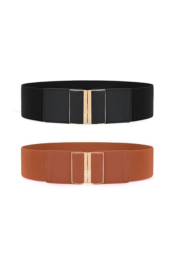 JasGood Lot de 2 ceintures élastiques larges pour femme avec boucle en métal, 1 noir + marron, 80cm Passt Taillenumfang 81-9