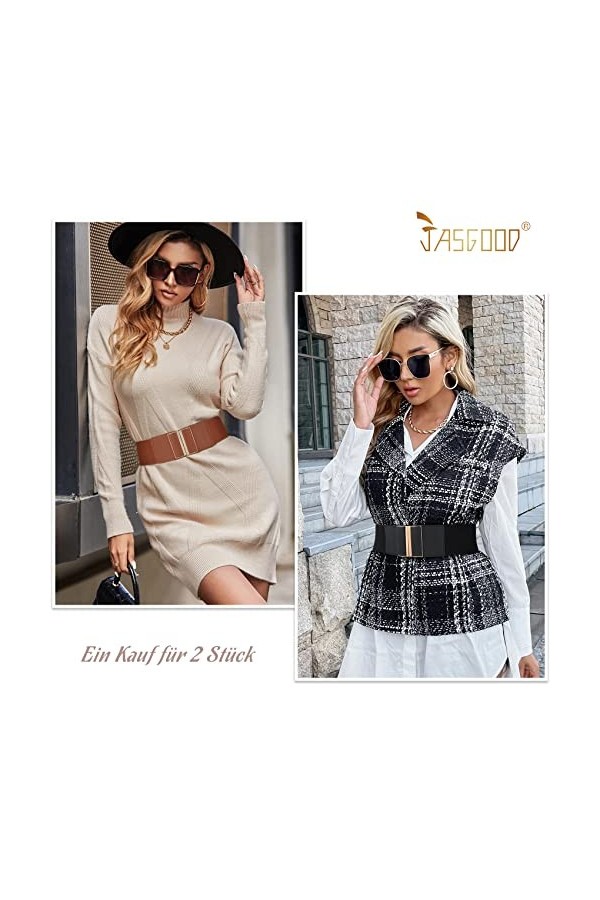 JasGood Lot de 2 ceintures élastiques larges pour femme avec boucle en métal, 1 noir + marron, 80cm Passt Taillenumfang 81-9