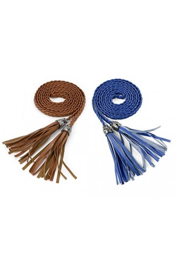 Allegra K Ceintures fines tressées pour femmes avec glands pour robe Marron bleu Roi 132cm/51.97"