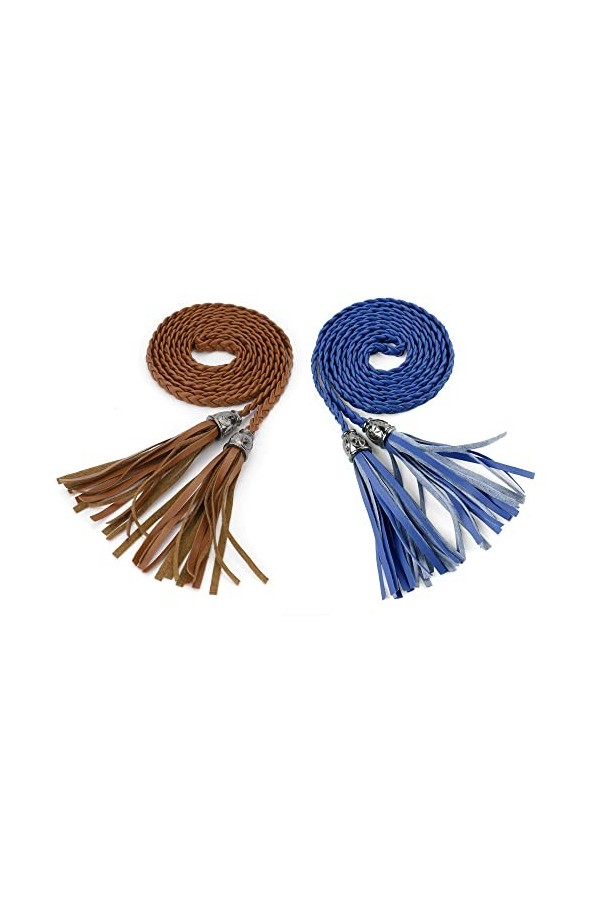Allegra K Ceintures fines tressées pour femmes avec glands pour robe Marron bleu Roi 132cm/51.97"
