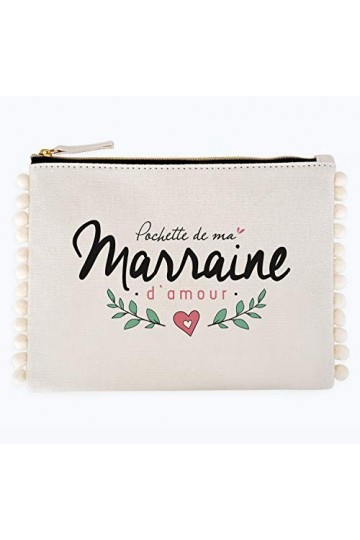 Manahia Pochette Pompon Cadeau Marraine - Pochette de ma Marraine damour - Trousse Marraine en Coton - Cadeau Baptême - Dema