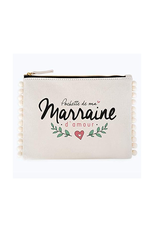 Manahia Pochette Pompon Cadeau Marraine - Pochette de ma Marraine damour - Trousse Marraine en Coton - Cadeau Baptême - Dema