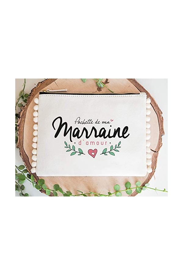 Manahia Pochette Pompon Cadeau Marraine - Pochette de ma Marraine damour - Trousse Marraine en Coton - Cadeau Baptême - Dema