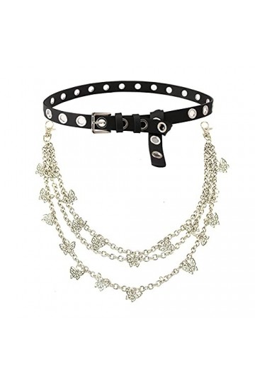 EMFGJ Ceinture à Double œillet avec chaîne en Cuir PU Ceinture de Hanche Punk cloutée Boucle à œillet Ceinture pour Jeans Pan