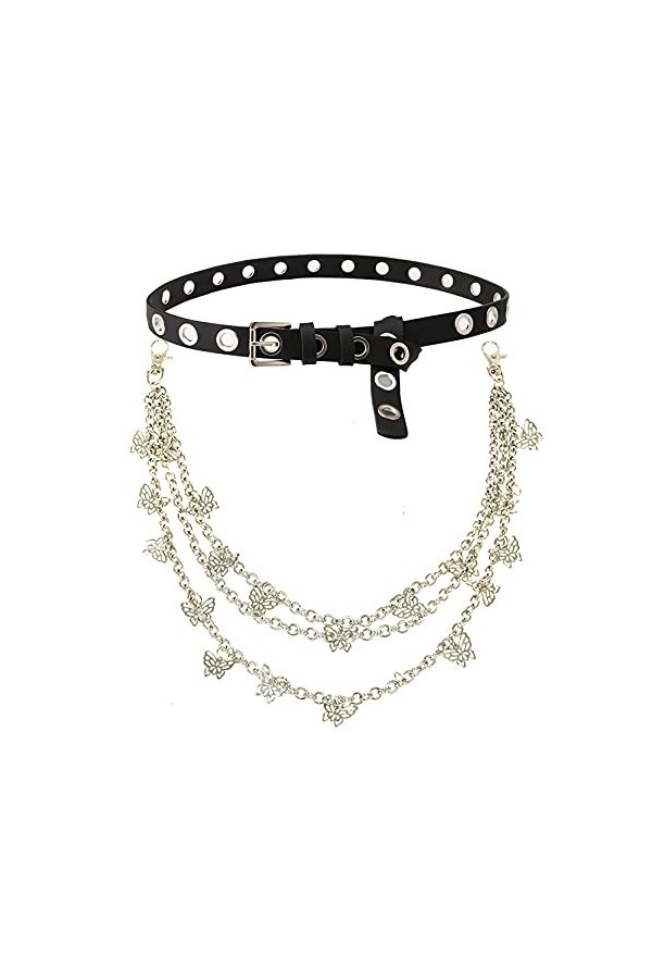 EMFGJ Ceinture à Double œillet avec chaîne en Cuir PU Ceinture de Hanche Punk cloutée Boucle à œillet Ceinture pour Jeans Pan