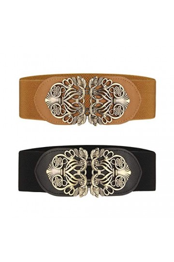 Lalafancy Ceinture large à taille élastique pour femme 2 pièces rétro Ceinture Élastique Noir & Marron 