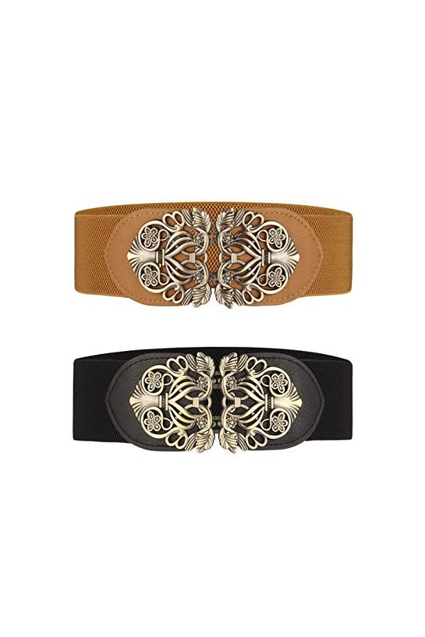 Lalafancy Ceinture large à taille élastique pour femme 2 pièces rétro Ceinture Élastique Noir & Marron 