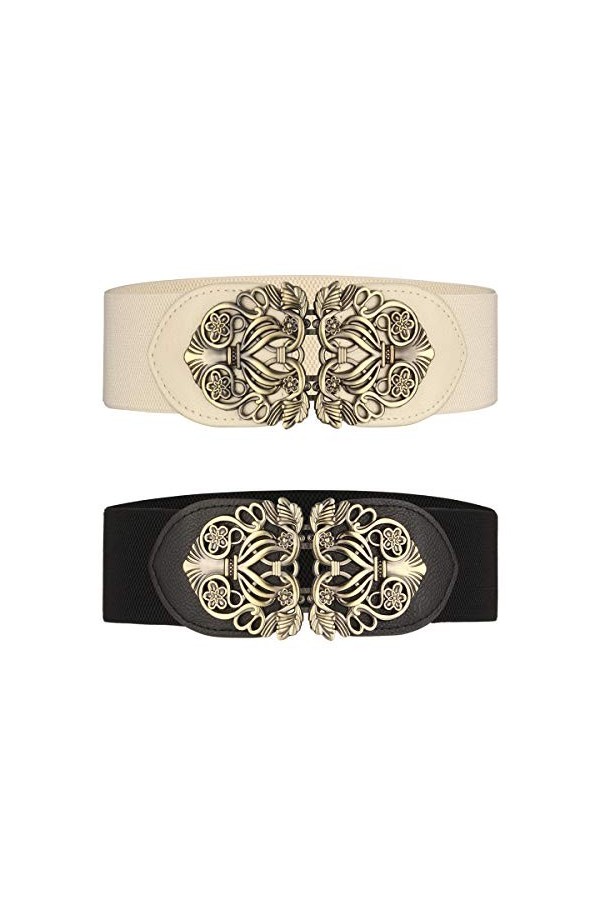 Lalafancy Ceinture large à taille élastique pour femme 2 pièces rétro Ceinture Élastique Noir & Marron 