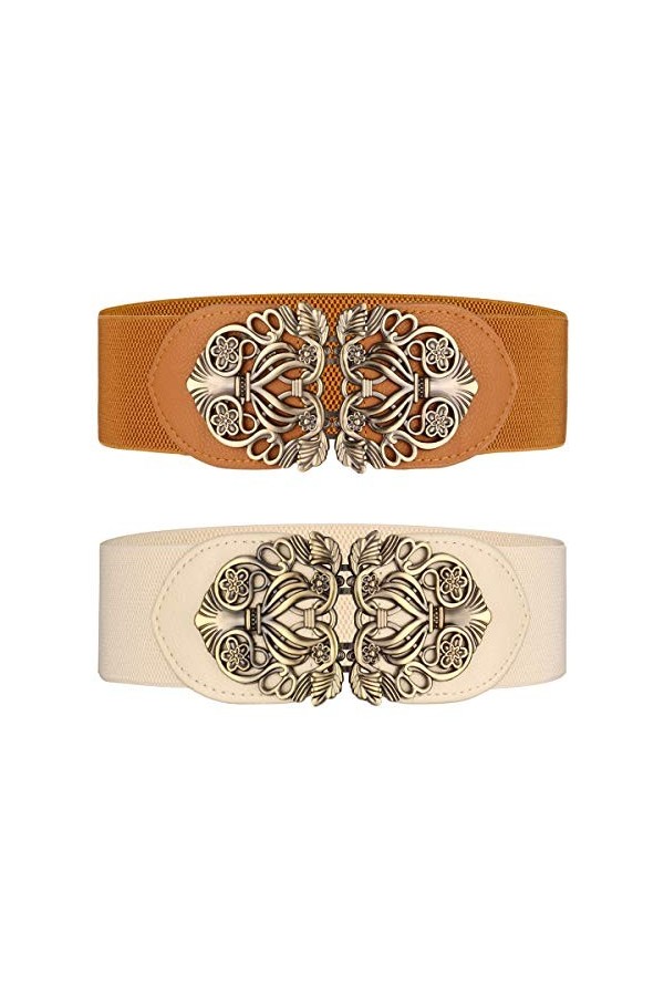 Lalafancy Ceinture large à taille élastique pour femme 2 pièces rétro Ceinture Élastique Noir & Marron 