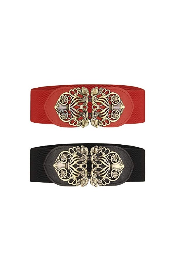 Lalafancy Ceinture large à taille élastique pour femme 2 pièces rétro Ceinture Élastique Noir & Marron 
