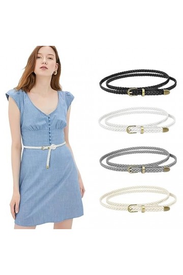LEACOOLKEY Lot de 4 ceintures en cuir tressé mince pour femme, G-noir+blanc+gris+beige, Passt für Taillengrößen bis zu 104cm