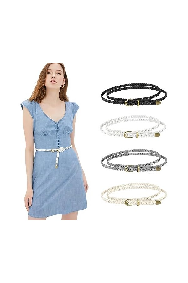 LEACOOLKEY Lot de 4 ceintures en cuir tressé mince pour femme, G-noir+blanc+gris+beige, Passt für Taillengrößen bis zu 104cm