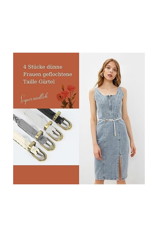 LEACOOLKEY Lot de 4 ceintures en cuir tressé mince pour femme, G-noir+blanc+gris+beige, Passt für Taillengrößen bis zu 104cm