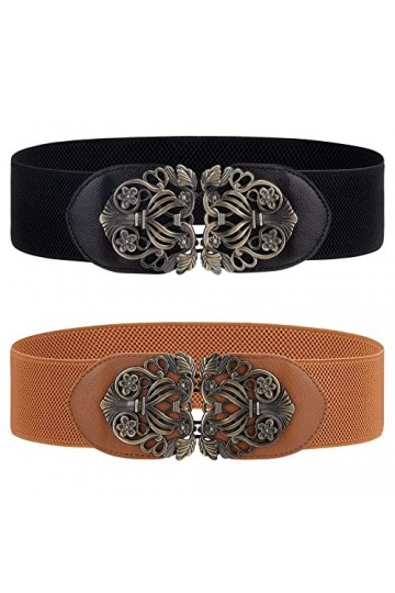 Ceinture Élastique pour Femme 2 Pièces Ceinture Large de 6 cm Rétro Élastiquée Ceinture de Robe Stretch avec Boucle Interlock