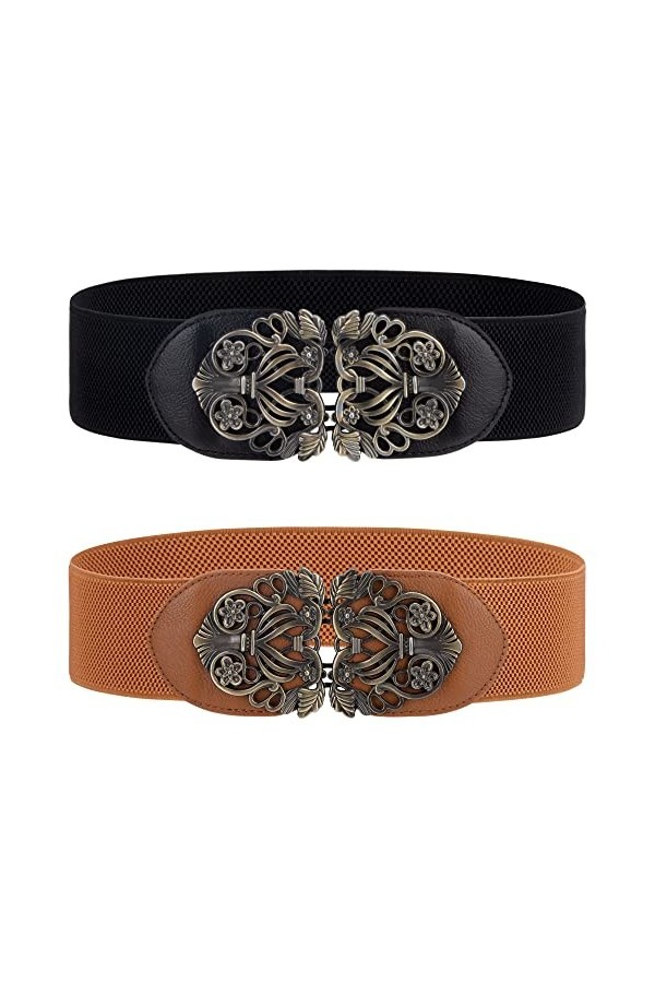 Ceinture Élastique pour Femme 2 Pièces Ceinture Large de 6 cm Rétro Élastiquée Ceinture de Robe Stretch avec Boucle Interlock