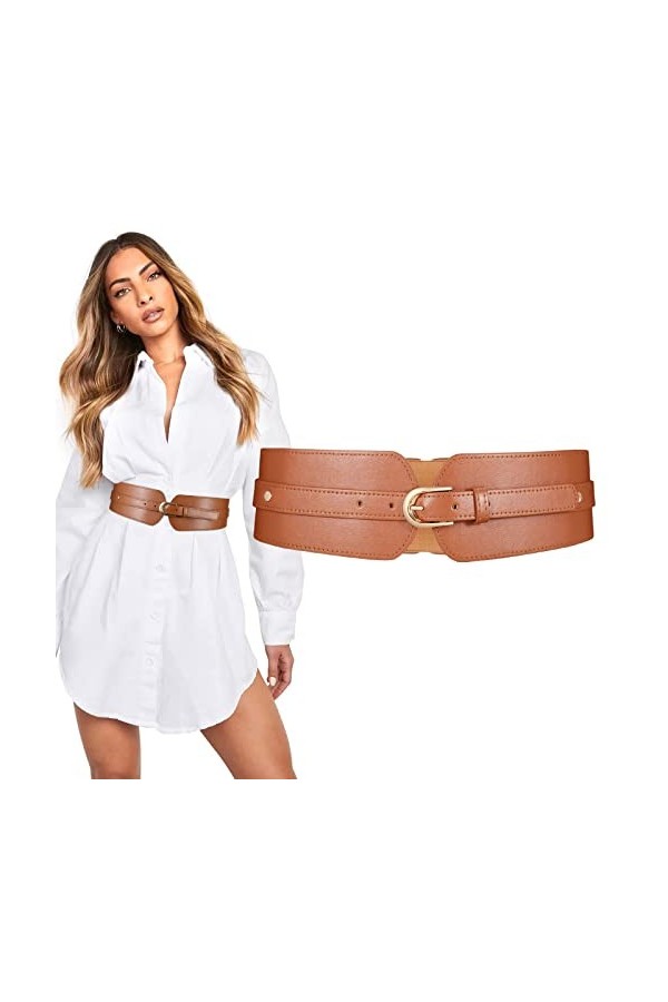 JasGood Ceinture large élastique vintage boucle en cuir pour femme, A marron, Größe 66cm-79cm