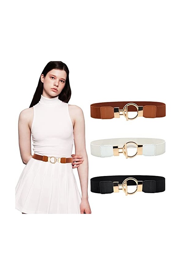 Discoball Ceinture vintage pour femme, boucle en métal, large ceinture élastique extensible, rétro, 3 pièces - noir, blanc et