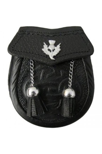 Tartanista - Sporran pour bébé - cuir - 2 pompons/ceinture gratuite - chardon celtique - 10 cm x 10 cm