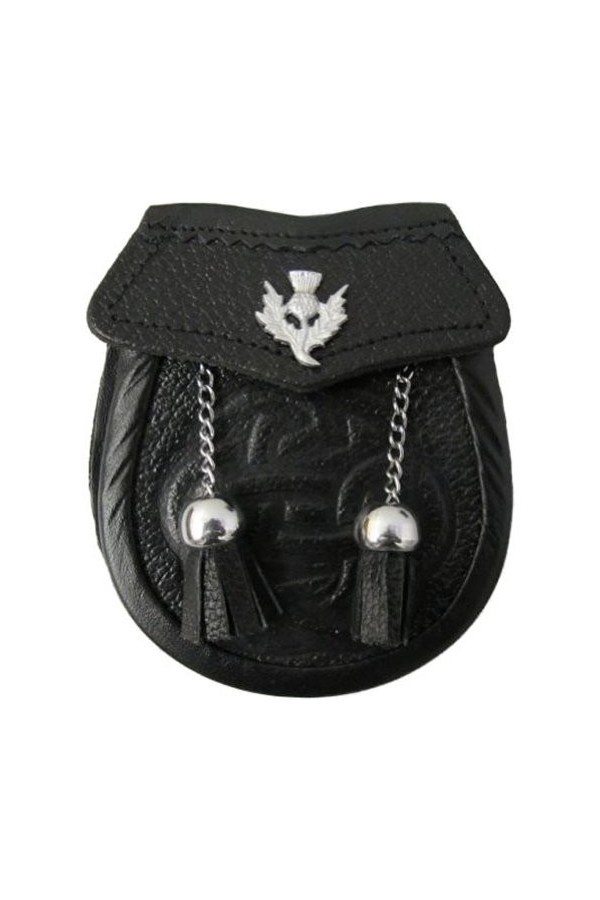 Tartanista - Sporran pour bébé - cuir - 2 pompons/ceinture gratuite - chardon celtique - 10 cm x 10 cm