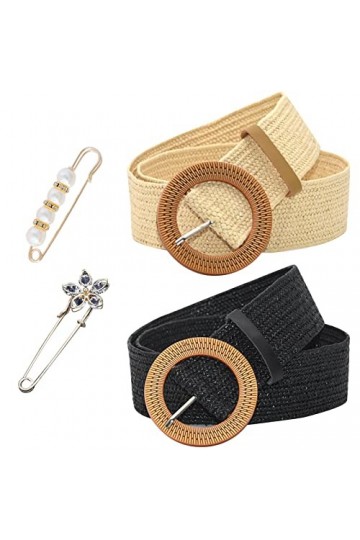 SPOKKI 2 Pièces Ceinture Élastique Tressée Femme, Vintage Skinny Bohémien avec Boucle en Bois, Ceinture De Paille à Taille Vi