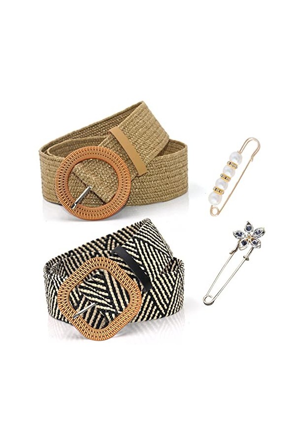 SPOKKI 2 Pièces Ceinture Élastique Tressée Femme, Vintage Skinny Bohémien avec Boucle en Bois, Ceinture De Paille à Taille Vi