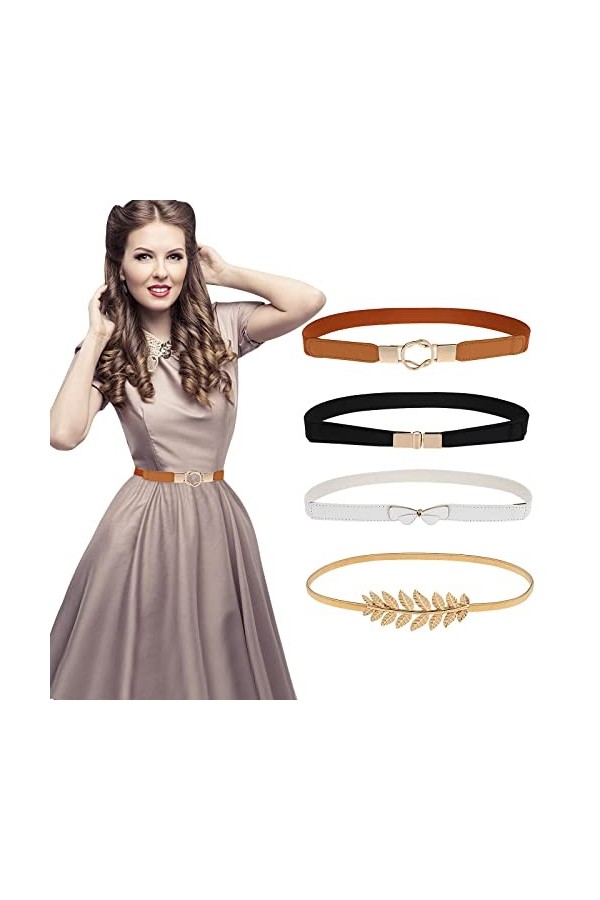 cobee Lot de 4 ceintures élastiques à la taille pour femme - Taille 66-89 cm, Marron, blanc, noir, or