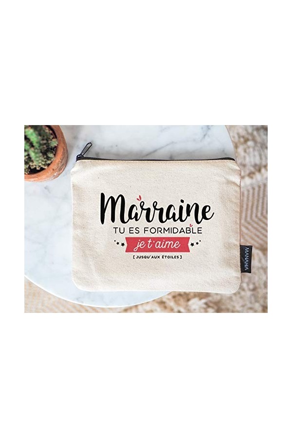 Manahia Pochette Cadeau Marraine - Marraine tu es Formidable, Je taime jusquaux étoiles - 20x15cm - 100% Coton - Annonce Fu