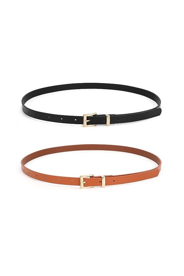 JasGood Lot de 2 ceintures fines en cuir tendance pour femme avec boucle ardillon pour pantalons, jeans, robes, 1 - Noir/Marr