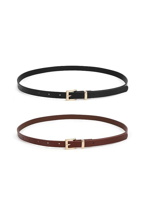 JasGood Lot de 2 ceintures fines en cuir tendance pour femme avec boucle ardillon pour pantalons, jeans, robes, 1 - Noir/Marr