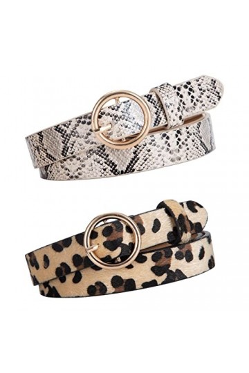 Ceinture en Similicuir pour Femme 2 Pièces Ceintures Vintage Motif Serpent Léopard 2cm de Largeur avec Boucle Ronde Belts pou