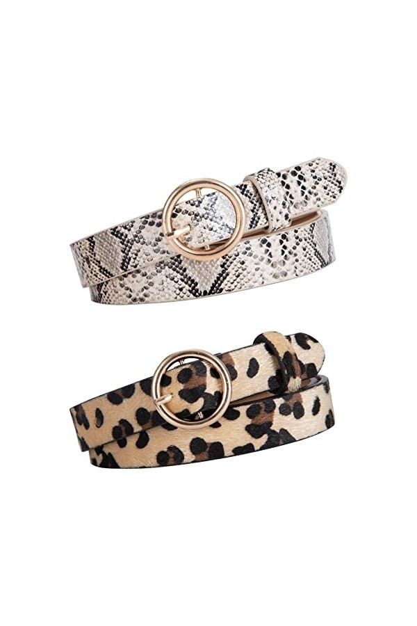 Ceinture en Similicuir pour Femme 2 Pièces Ceintures Vintage Motif Serpent Léopard 2cm de Largeur avec Boucle Ronde Belts pou